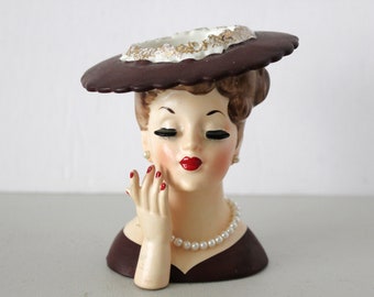 Napco Head Vase 1958 C3343B Lady with Hat and Pearls