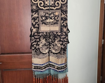 1890s Chinese Xiapei Silk Vest Jacket, Antique Embroidered Dragon