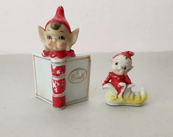 Lot of 2 Christmas Elves Elf on Book, Sitting on Boot, Vintage 1950s