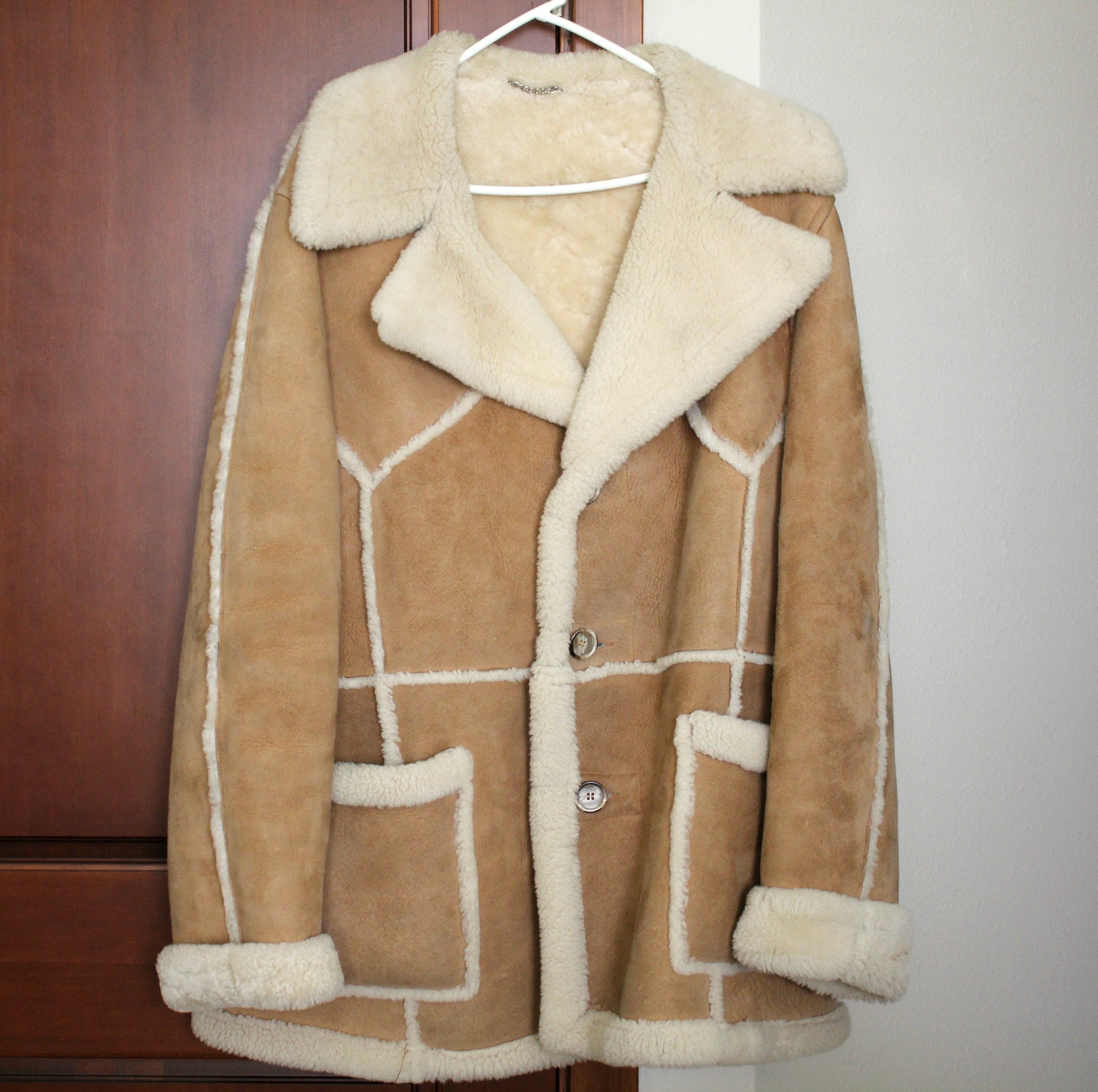 Vintage Shearling Sheepskin Coat, Mens Suede Heavy Parka, Sz 46R