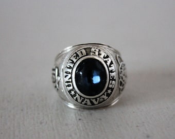 USN Navy Sterling Kinney Ring, United States Military, Blue Stone, 9.5 Sterling Silver