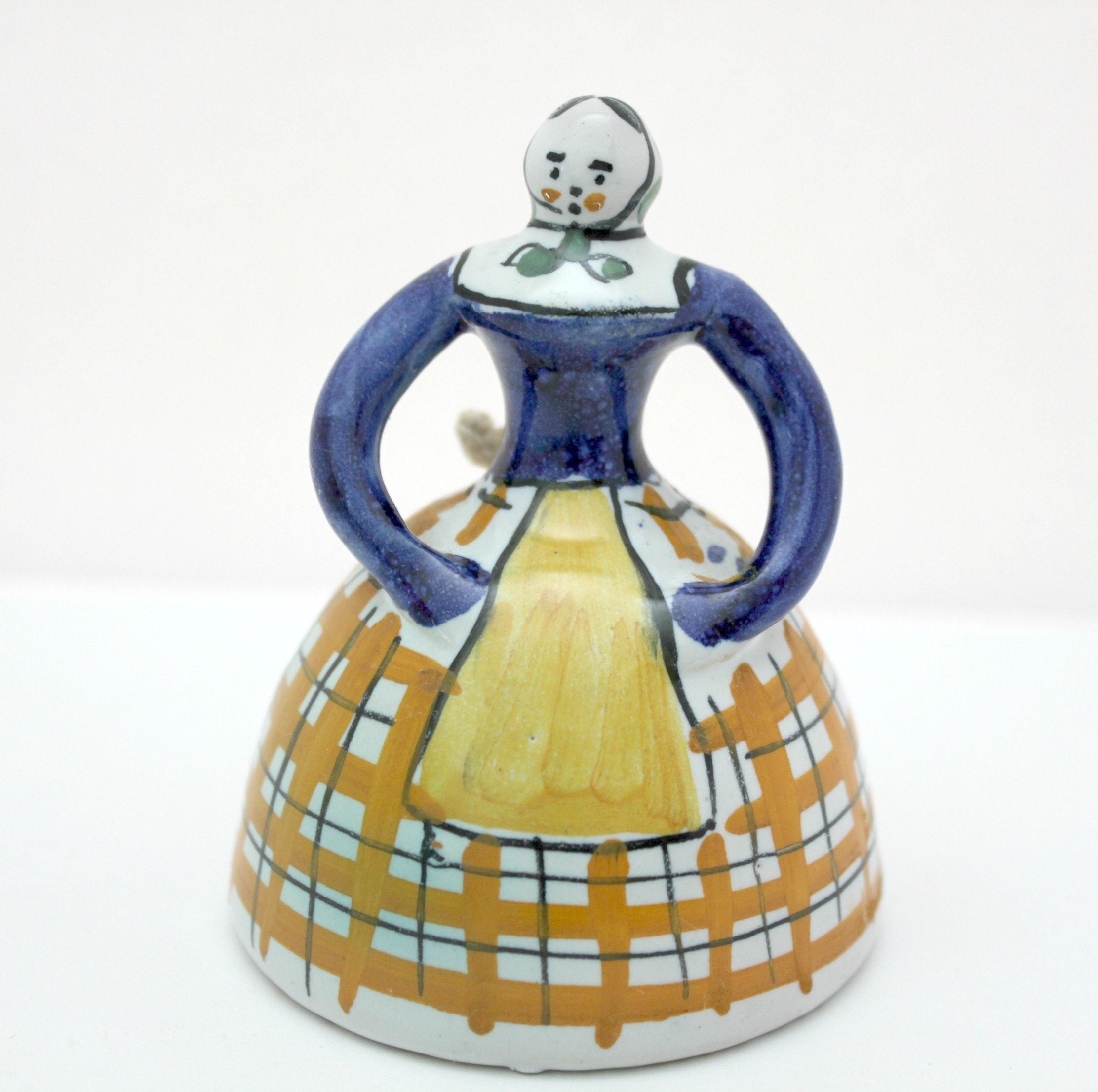 Vintage Quimper Folk Art Bell, Pottery Woman Lady Shaped Pottery Dinner
