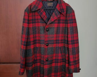 Men's Pendleton Wool Red Plaid Coat Jacket, Quilted Lining, Vintage 1950s
