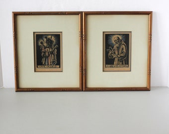 Set 2 Catholic Wood Cut Prints, Signed, Vintage 1945, Ave Maria, IM Kreuze Ist Heil Holding Cross, Christian Religious