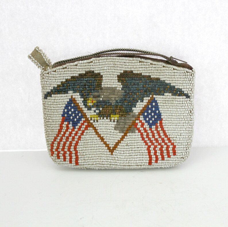 Native American Beaded Coin Purse Pouch Eagle USA Flags Beads Vintage 1950s