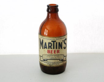 1940s Martin's Paper Label Beer Bottle, Stubby 11 oz Selah WA Yakima Valley Brewing