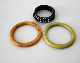 Lot of 3 Bakelite Bracelets, Bangle, Cuff, Rhinestone, Black, Caramel Brown, Olive Green