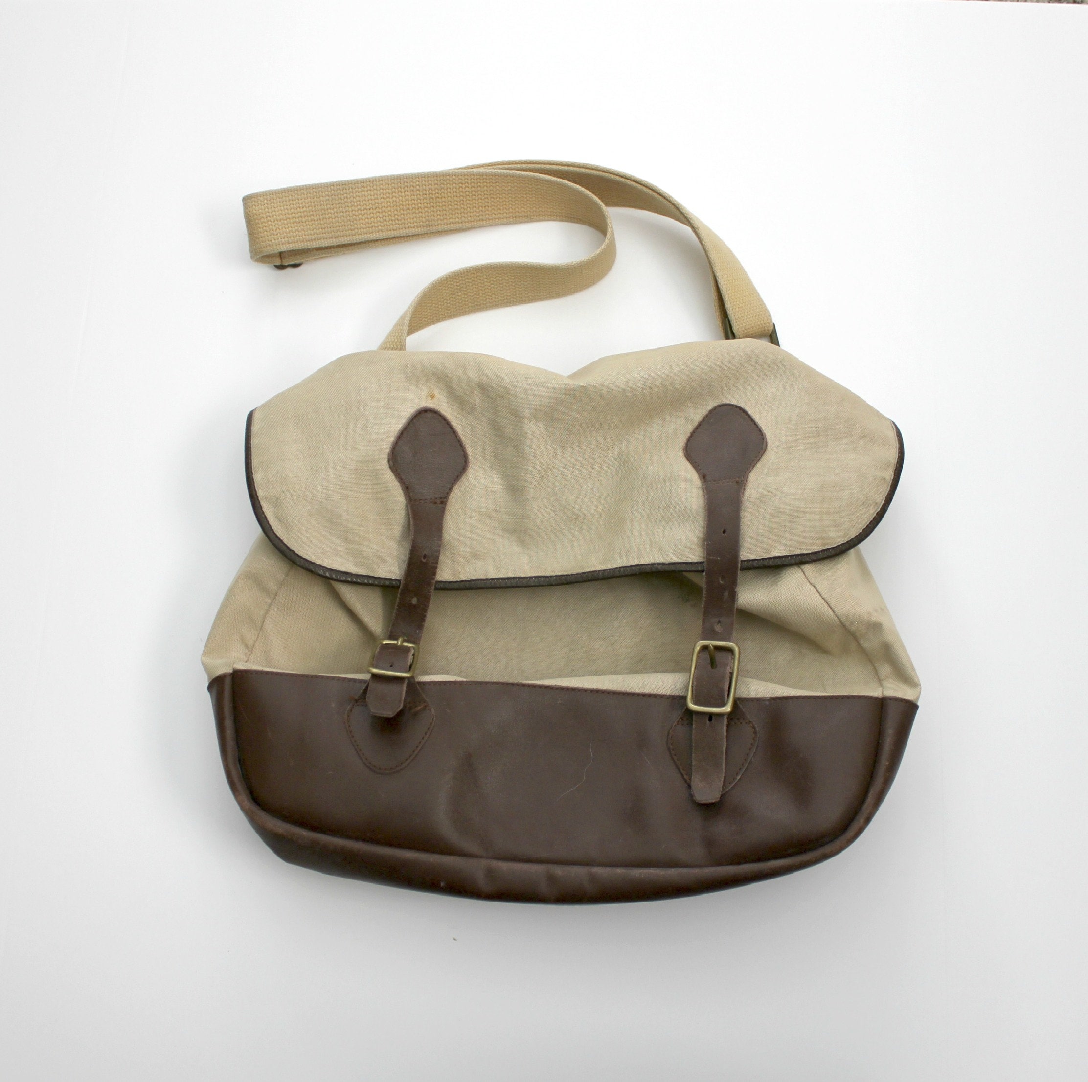 Vintage L.L. Bean Fishing Creel Messenger Bag, Canvas Leather 60s Tote Bag