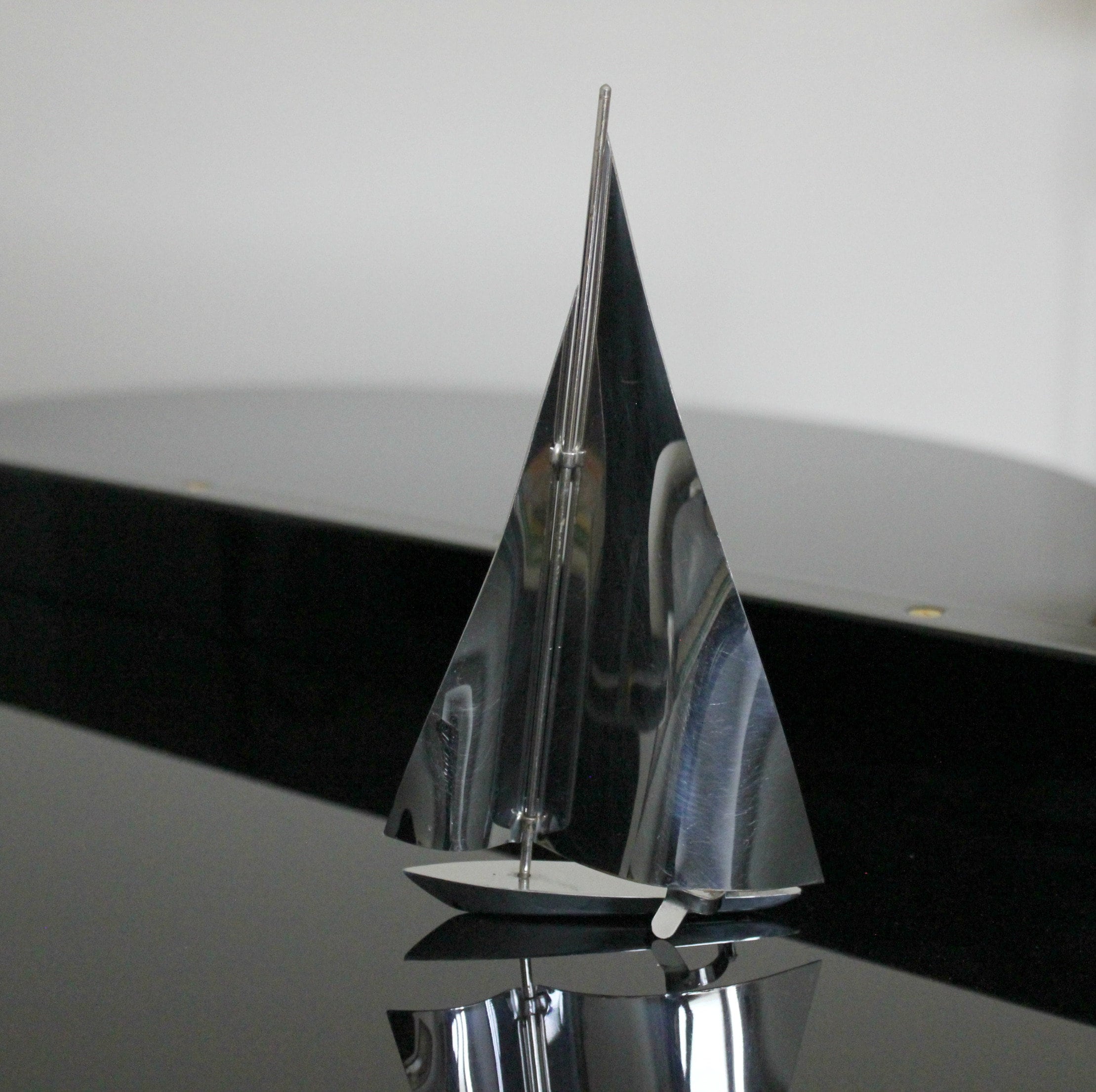 CVintage hrome Sailboat Sculpture, Mid Century Deco Metal Sailing Boat Sculpture
