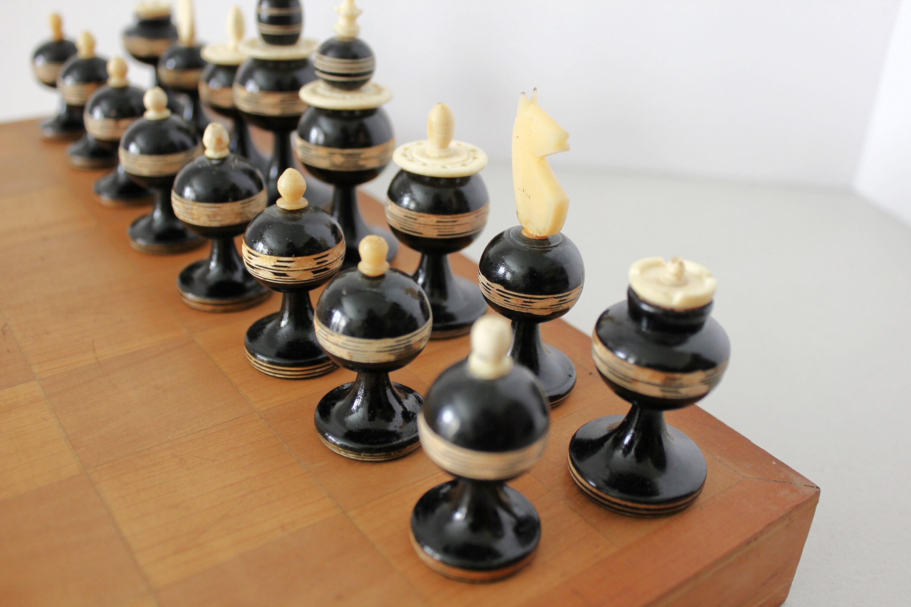 Vintage Bone Wood Chess Set in Wooden Box, Mexican Folk Art, Mexico