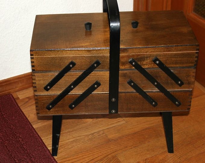 Vintage Sewing Box on Legs 3 Tier Folding Fold Out Accordion Wood Large Wooden With Handle Etsy
