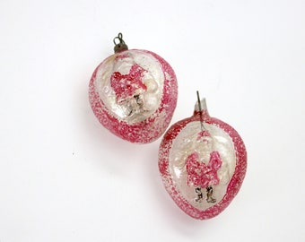 Vintage Lot 2 Belsnickel Santa Glass Ornaments, Christmas Tree Ornaments, Red Clear Acorns