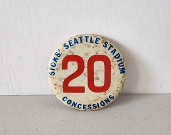 Sicks' Seattle Stadium Concessions 20 Button Pin Back, Baseball Memorabilia, 1950s Vintage