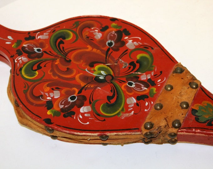 Antique Wood Leather Fireplace Bellows Tole Floral Red Orange Etsy