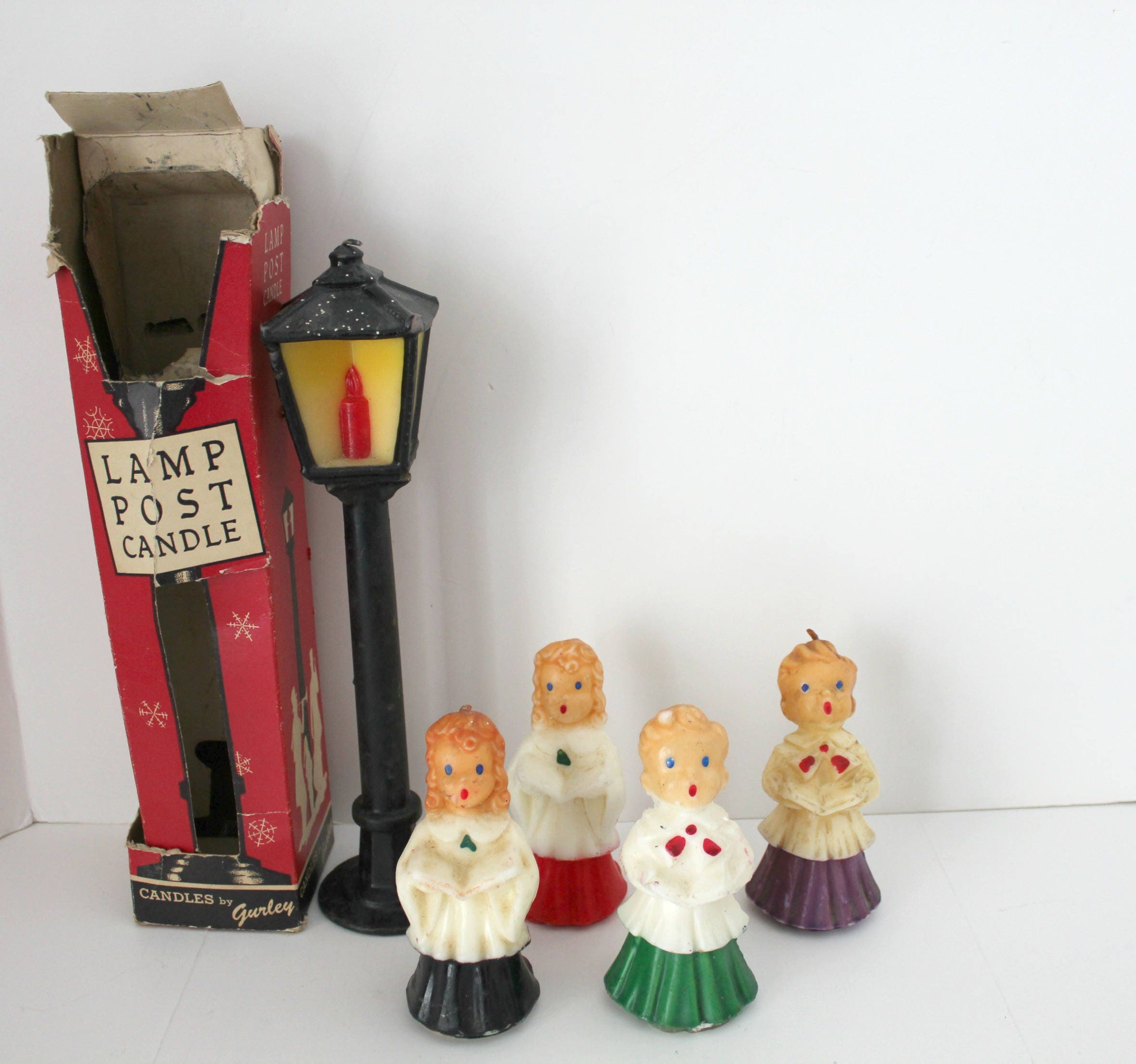 Vintage Large Lamp Post Gurley Candle with 4 Christmas Choir Boys Girls
