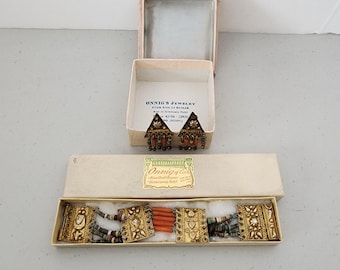 Set of Clip on Egyptian Earrings, Bracelet, Beaded, Vintage 1950s, Onnig of Cairo Egypt in Box