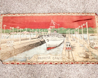 Panama Canal Ship Tapestry, Vintage 1930s Textile Art, Wall Hanging