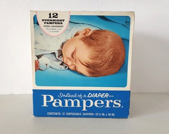 Pampers Disposable Diapers Sealed Box 12 Overnight Over 11 LB Size, NOS Vintage