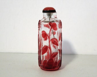 Vintage Glass Snuff Bottle, Chinese Carved Red to Clear