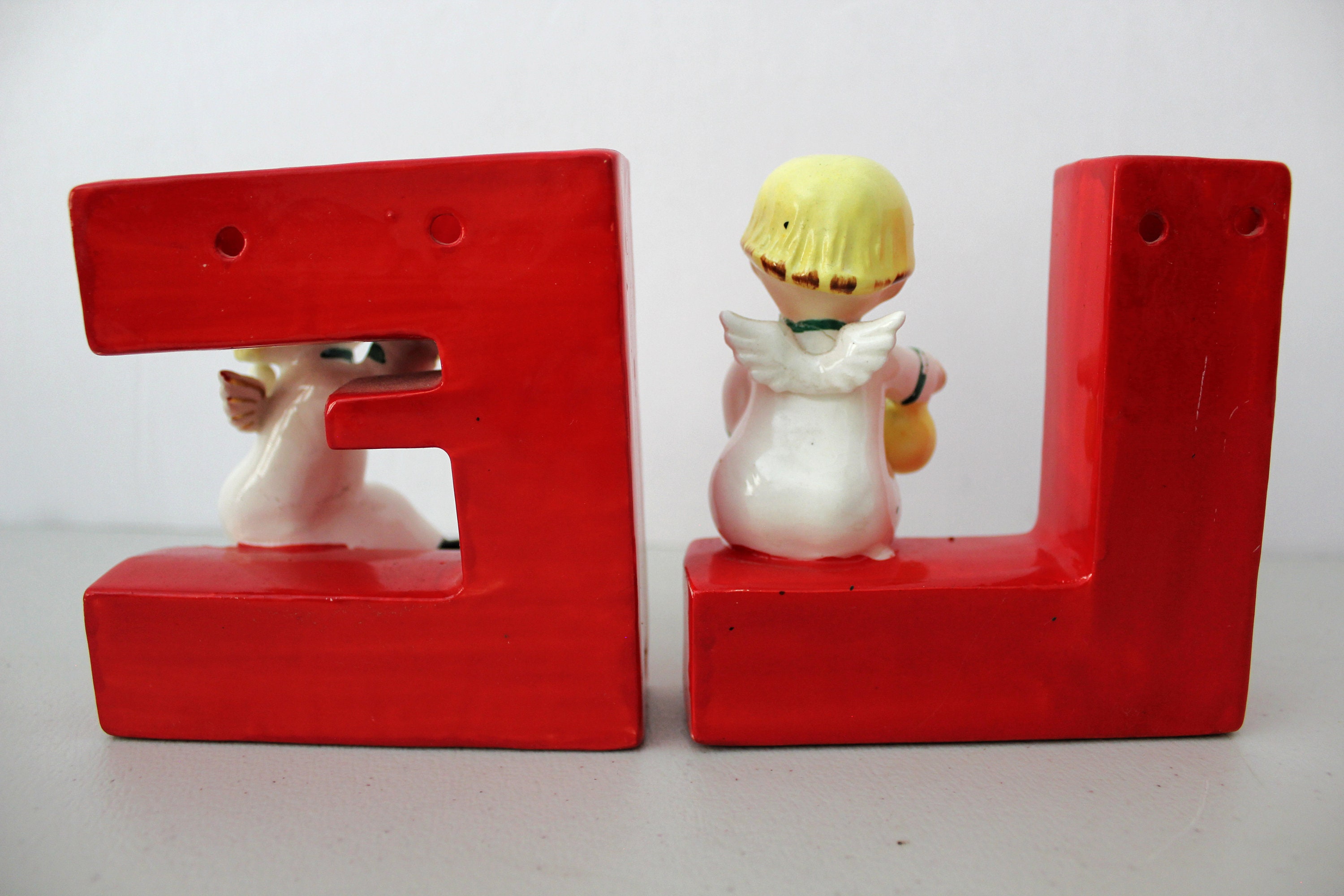 1950s Napco Happy Yuletide Quartet Ceramic NOEL Vases Candle