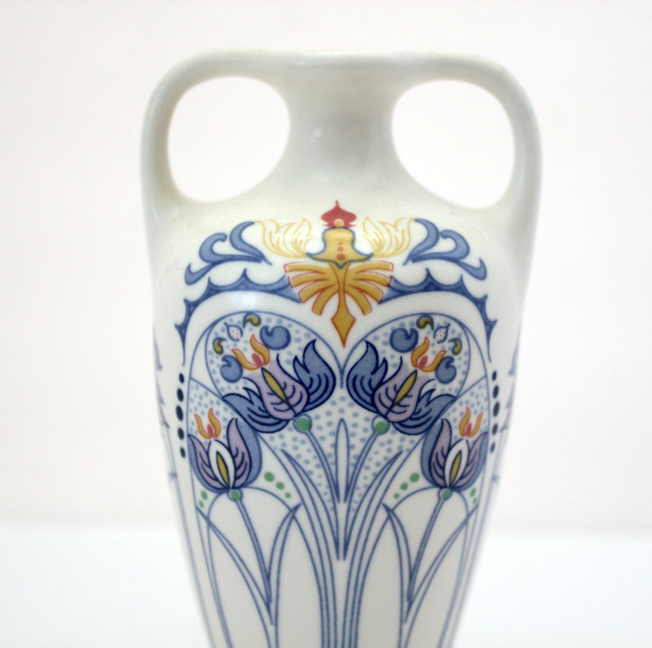 Royal Goedewaagen Amata Small Urn Vase Two Handles Blue White Art Nouveau