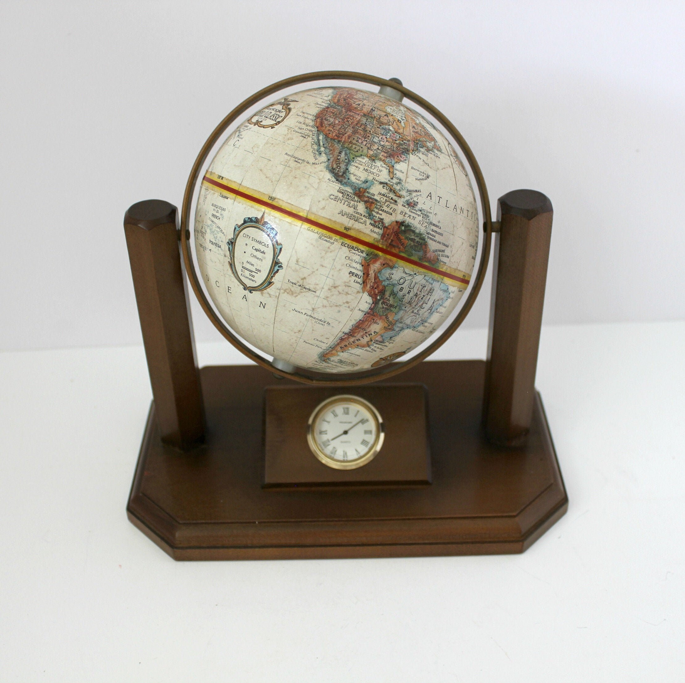 Vintage Replogle Desk Globe With Quartz Clock 1970s Executive