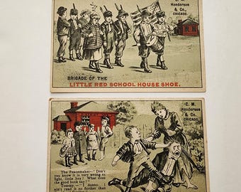 2 Antique Little Red School House Shoe Trade Cards, Henderson O.A. Williams