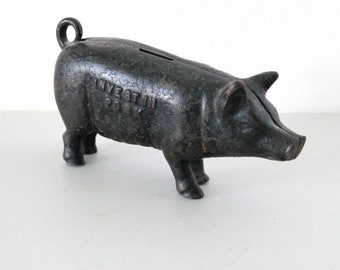 Cast Iron Piggy Bank Pig 1920s Vintage Antique Invest In Pork, Promo Advertising