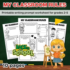 Puede incluir: Un conjunto de hojas de trabajo imprimibles "Mis reglas del aula" para los grados 2-5. Las hojas de trabajo presentan ilustraciones de niños y preguntas para escribir sobre las reglas del aula. También se ven las palabras "Back to School" y "10 páginas".