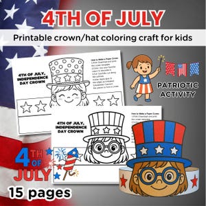 4th of July Crown Hat Craft for Kids, Independence Day Coloring Activity, Patriotic DIY Hat Template, USA hat, America Crown, Headband Craft