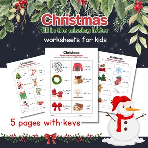 Hojas de trabajo para rellenar letras navideñas, actividad navideña, hojas de trabajo para niños, actividad navideña para niños, juego de vacaciones, inglés para niños