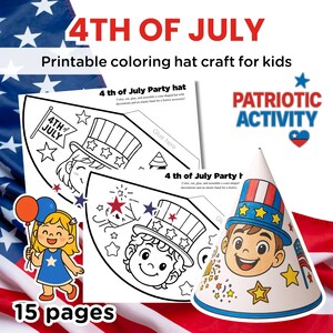 4th of July Hat Craft for Kids, Independence Day Coloring Activity, Patriotic DIY Hat Template, USA hat, America Hat, Printable Summer Craft