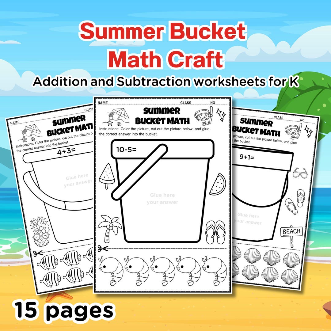 Bucket Math Summer Bucket Math Craft: Kindergarten Addition & Subtraction (PDF) - Etsy