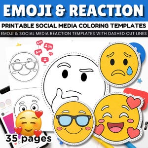 Op de afbeelding: Printbare kleurplaten voor sociale media met emoji- en reactieontwerpen voorzien van stippellijnen om te knippen. De set bevat zwart-wit lijntekeningen en gekleurde emoji-iconen met diverse gezichtsuitdrukkingen zoals denkend of vrolijk.