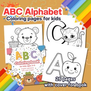 Páginas para colorear del alfabeto ABC para niños de 3 a 5 años, vocabulario en inglés, arte para niños, actividades para niños, libro para colorear.