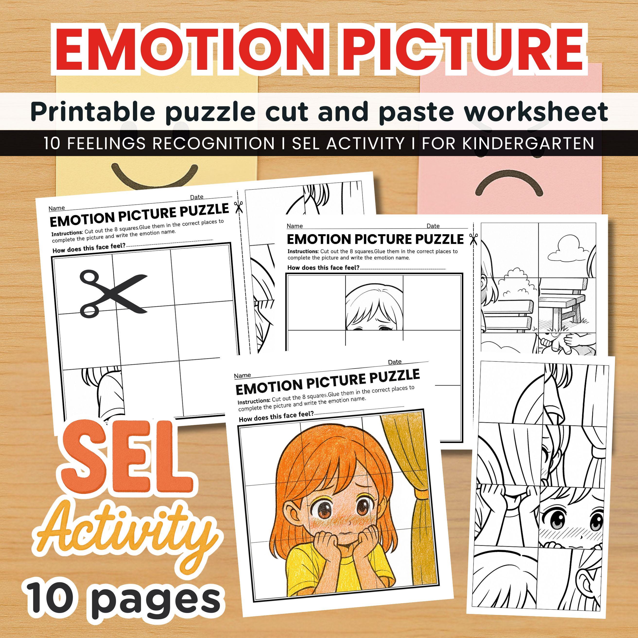 Emotions Picture Puzzle: Kindergarten SEL Cut & Paste Activity