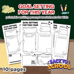 Puede incluir: Un conjunto de hojas de trabajo imprimibles con indicaciones de escritura para niños, con el texto "GOAL SETTING FOR THIS YEAR". Las hojas de trabajo son blancas con contornos negros e incluyen indicaciones como "¿Cómo manejarás el estrés?"