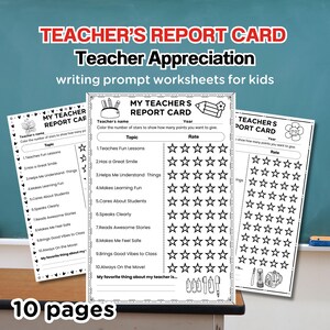 Boletín de calificaciones de agradecimiento al profesorado, hoja de trabajo de escritura creativa y coloración para niños, fin de curso, retroalimentación del profesorado, plantilla de propuesta de escritura