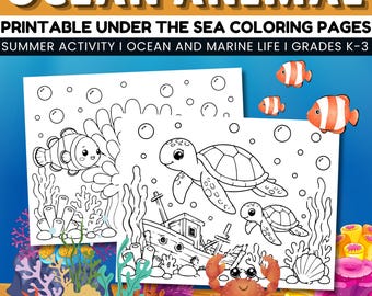 Könnte beinhalten: Zwei ausdruckbare Malvorlagen mit Meerestieren, darunter ein Clownfisch, eine Meeresschildkröte und eine Krabbe. Die Seiten sind Schwarz-Weiß-Strichzeichnungen mit dem Text "OCEAN ANIMAL" und "20 pages".