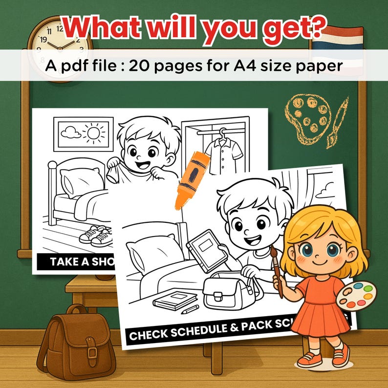 Student’s Daily Routine Coloring Pages for Kids, School Routine, Back ...