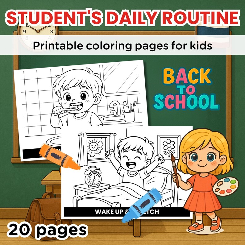 Student’s Daily Routine Coloring Pages for Kids, School Routine, Back ...