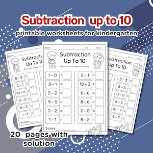 Subtraktion upp till 10-arbetsblad: Matematikövning för dagis (digital nedladdning)