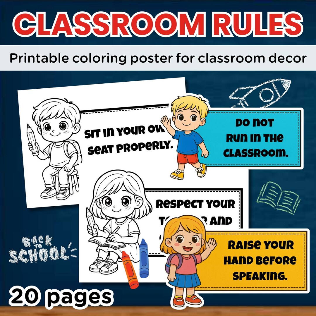 Classroom Rules Coloring Posters for Kids, Back to School Activity ...
