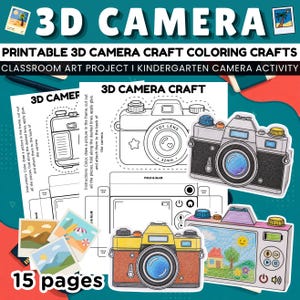 May include: A printable 3D camera craft activity set featuring black and white templates for coloring, cutting, and folding. The set includes instructions, camera outlines with a toy lens, and small square pictures of landscapes and beach scenes.