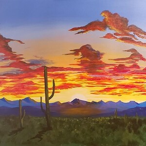 Acrylic painting Southwest desert sunset, cactus, Arizona, New Mexico landscapes