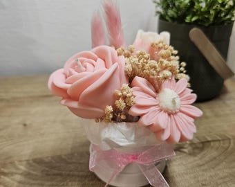 Floral Candle Bouquet in Gift Box | Pink Roses & Gerberas Candles | Handmade Decorative Candles | Unscented Gift Idea