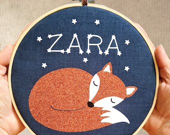 Sleeping fox personalised hoop - wildlife nursery decor - scandi nursery - fox wall art - gift for fox lover - constellation - woodland