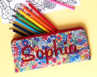 Name Pencil Case - personalised - Liberty - glitter - zip pouch - school supplies - stationery - red floral - personalized gift for friend