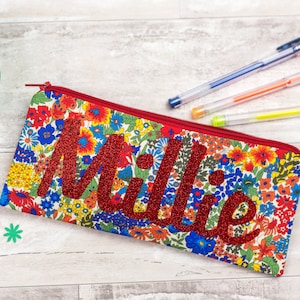 Name Pencil Case glitter pouch Liberty of London personalised zip pouch school supplies stationery red floral personalized image 1