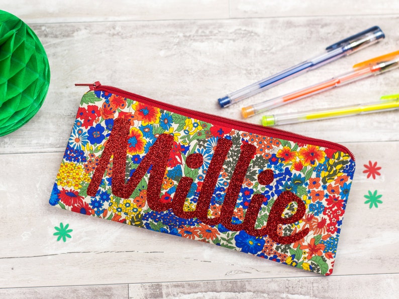 Name Pencil Case glitter pouch Liberty of London personalised zip pouch school supplies stationery red floral personalized image 1